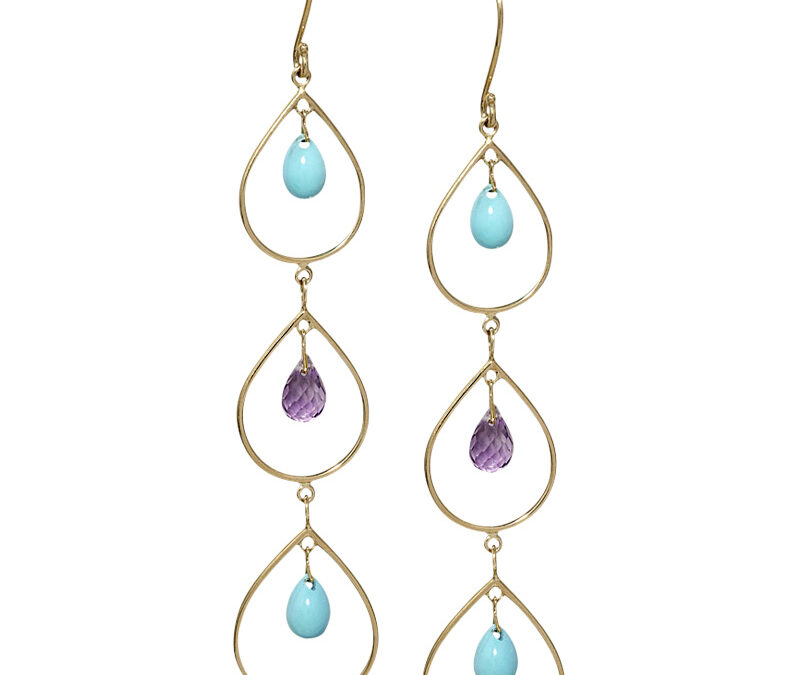 3-tier Chandelier earrings with turquoise and amethyst in 18k yellow gold