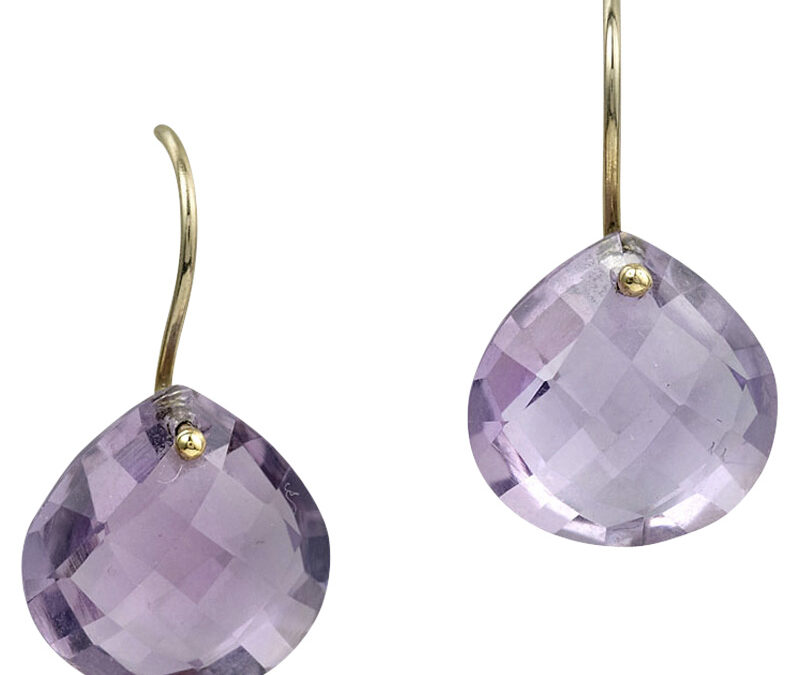 Amethyst briolette drops on French wires in 18k yellow gold