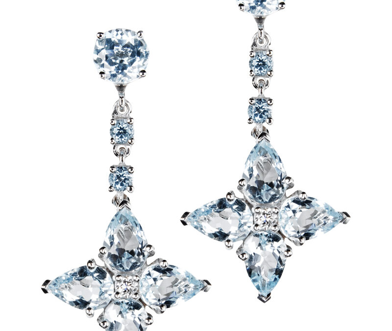 Blue topaz and diamond flower drop earrings