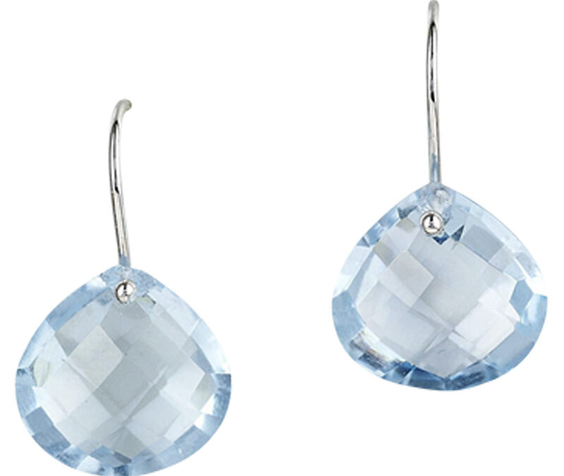 Blue topaz briolette drops earrings on french wires in 18k white gold
