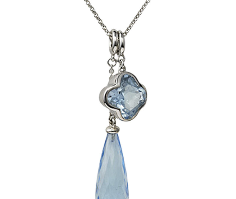 Blue topaz flower & long blue topaz briolette Cocktail pendants on 18k white gold