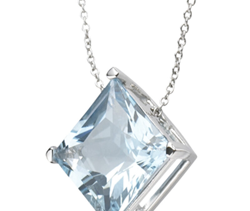 Blue topaz princess cut pendant on 18k white gold
