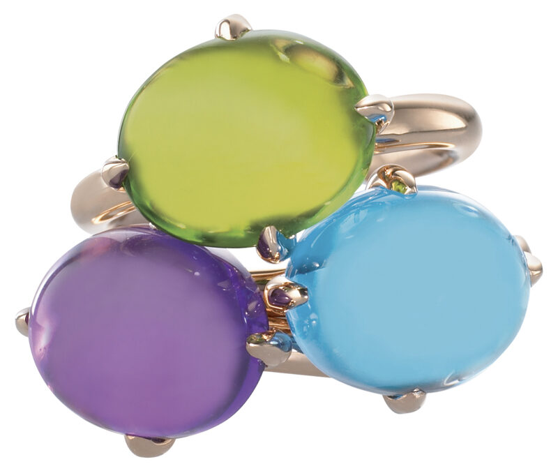 Cabochon rings in blue topaz, amethyst & peridot in 18k rose gold