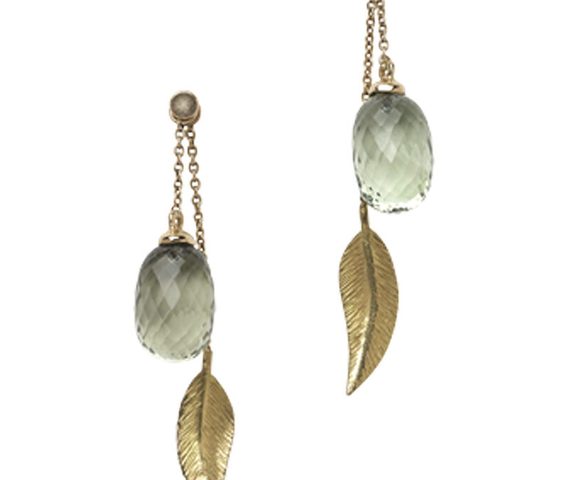 Cocktail long leaf earrings with green quartz acorns in 18k yellow gold