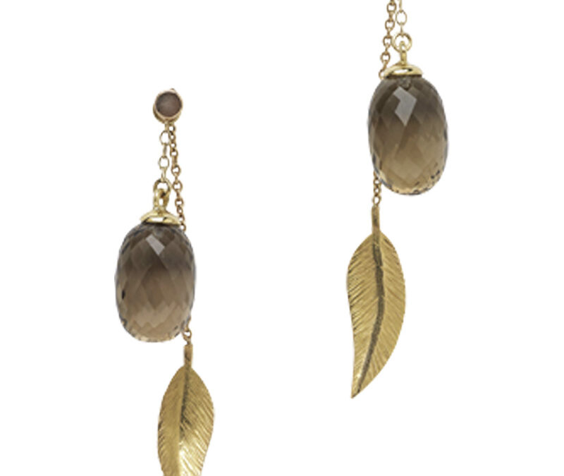 Cocktail long leaf earrings with smoky quartz acorns