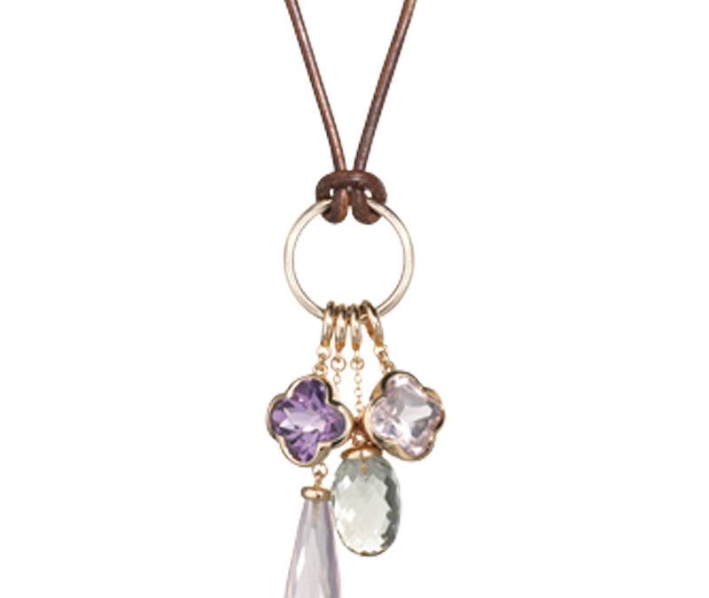 Cocktail pendants on leather with gold connector in 18k rose gold
