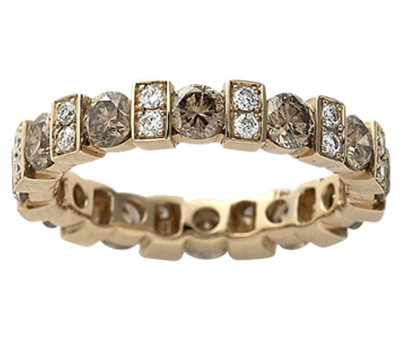 Cognac and white diamond eternity band set in 18k yellow gold