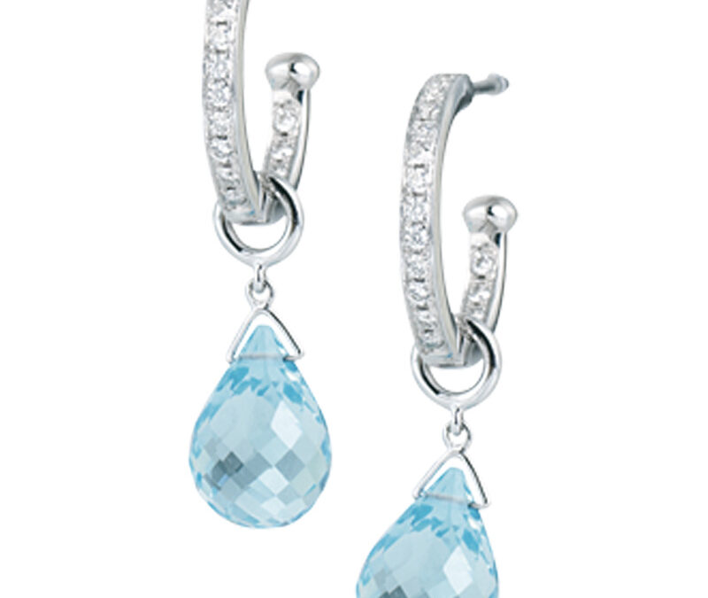 Diamond hoop earrings & detachable topaz briolette drops in 18k white gold