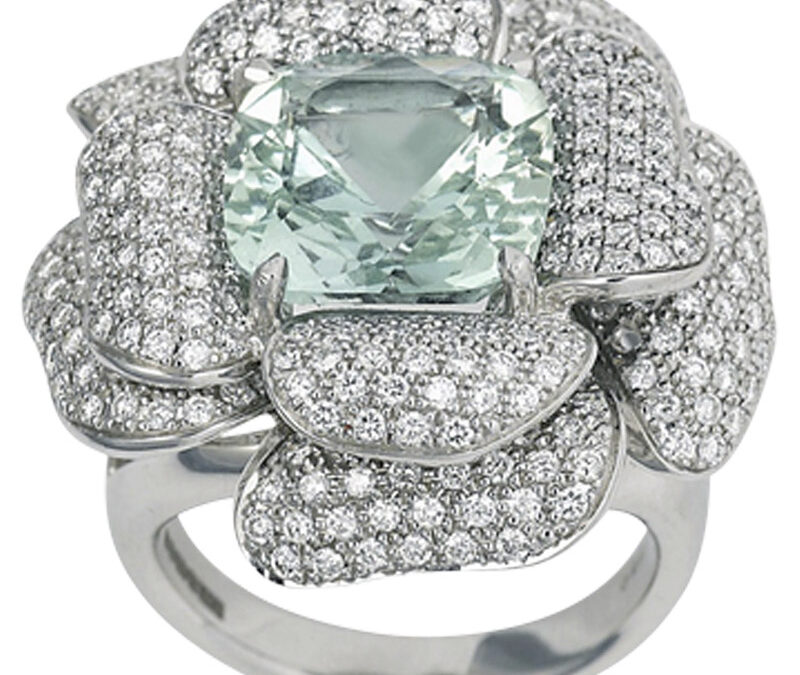 Green beryl and diamond rose dress ring in 18k white gold