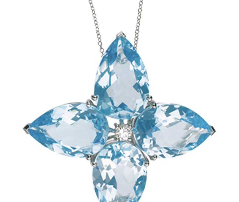 Large blue topaz and diamond flower pendant in 18k white gold