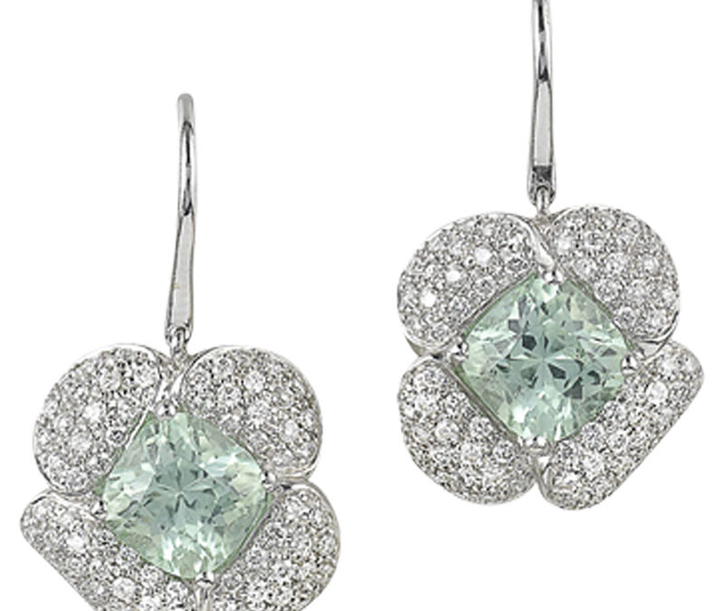 Mint tourmaline and diamond rose drop earrings in 18k white gold