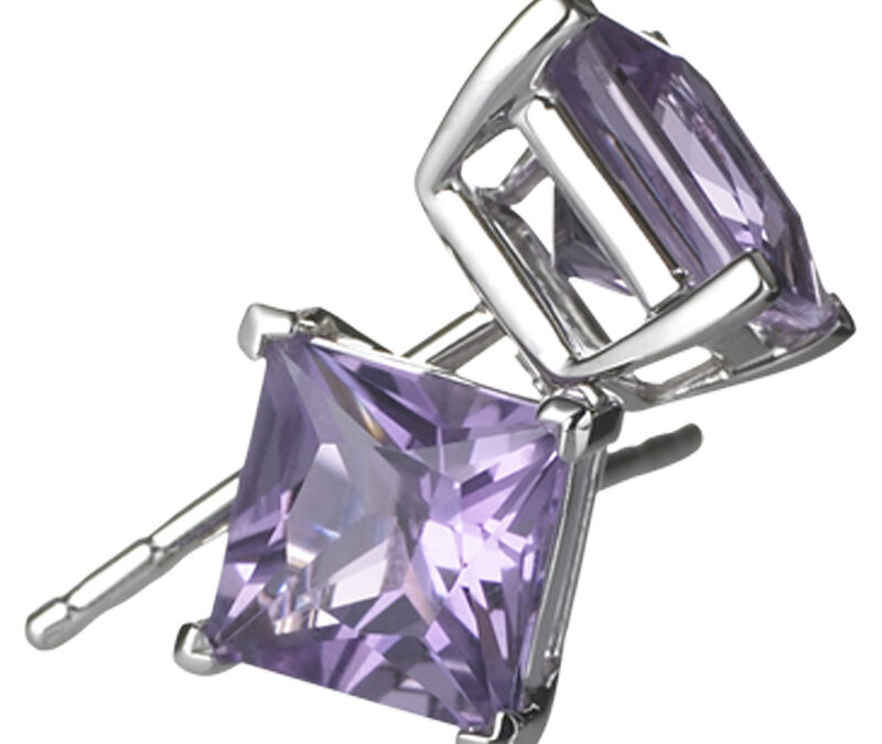 Princess cut amethyst studs in 18k white gold