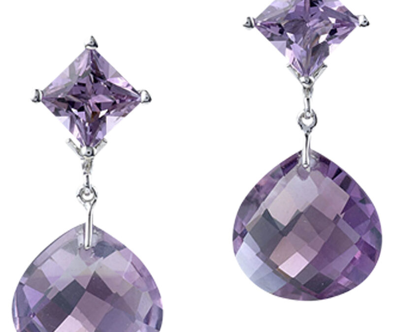 Princess cut amethyst studs with detachable briolette drops in 18k white gold