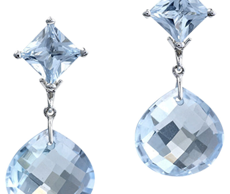Princess cut blue topaz studs with detachable briolette drops in 18k white gold