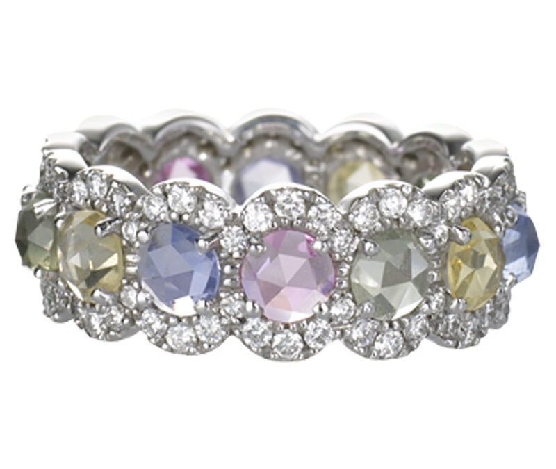 Rose cut fancy colour sapphires and white diamond scalloped eternity band in 18k white gold