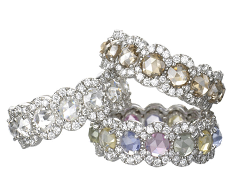 Rose cut scalloped eternity bands in 18k white gold