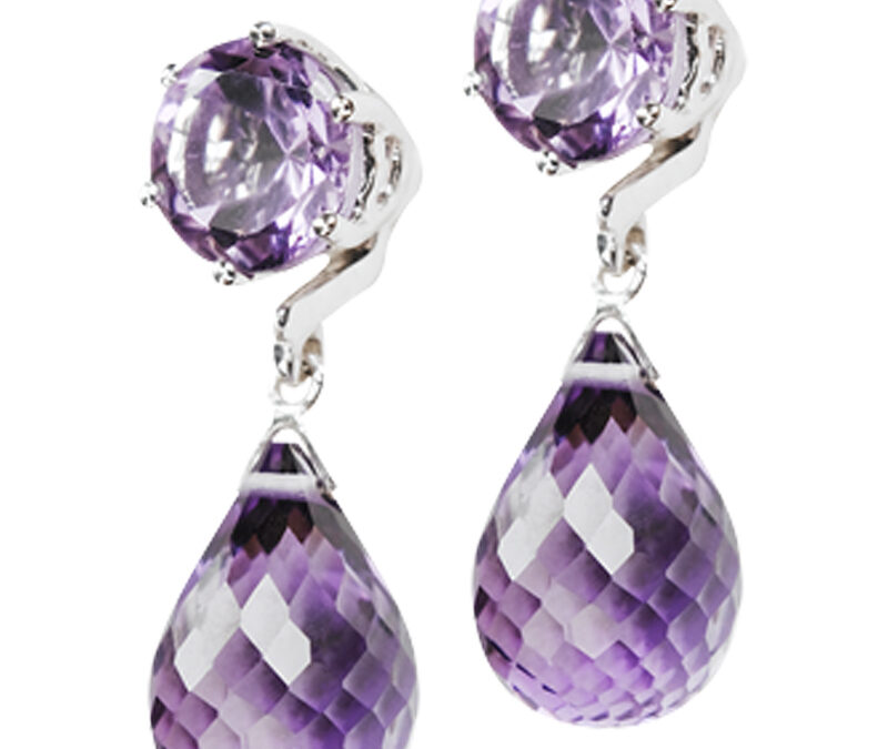 Round amethyst stud earrings with detachable briolette drops in 18k white gold