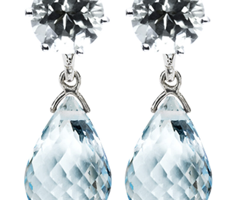 Round blue topaz stud earrings with detachable briolette drops in 18k white gold