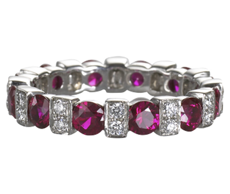 Ruby and diamond eternity band in 18k white gold