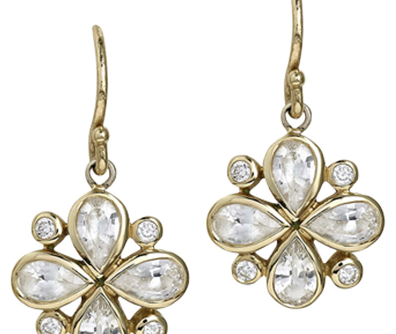 White sapphire and diamond Clover earrings in 18k yellow gold