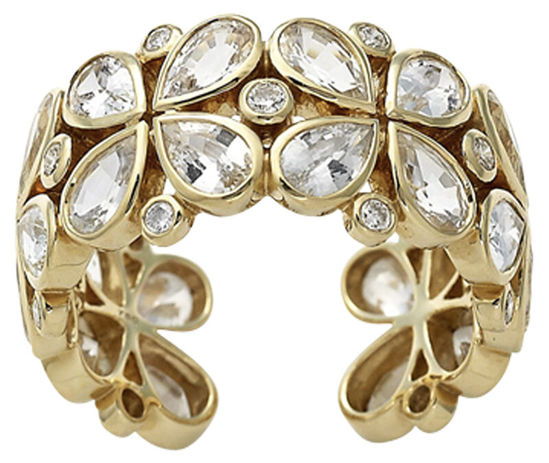 White sapphire and diamond Clover eternity band in 18k yellow gold